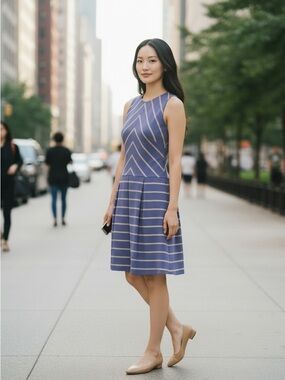 London Times Purple and Cream Striped Sleeveless Midi Dress